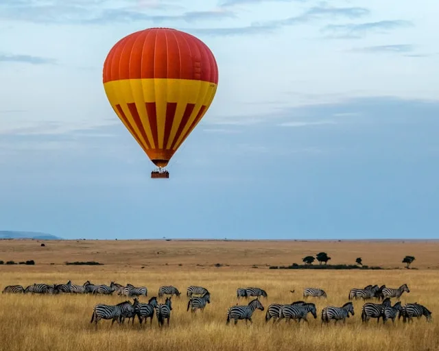 Hot-air balloon floating above the Maasai Mara at sunrise