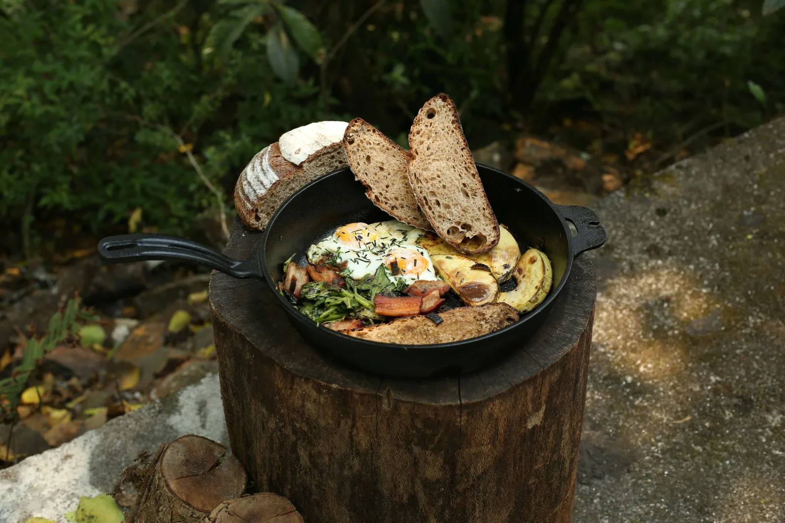Fresh safari meal cooking in a skillet over an outdoor fire