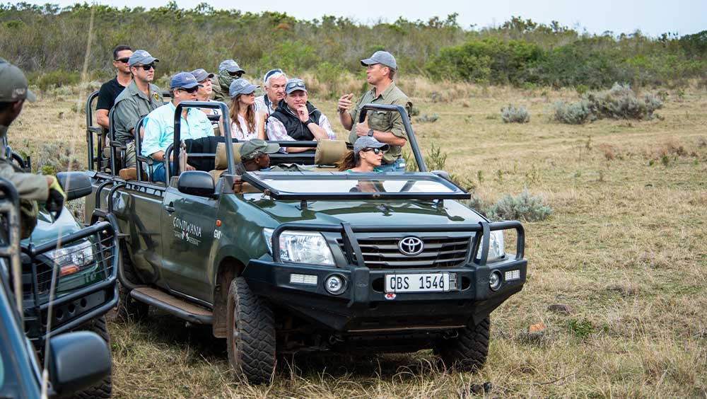 A safari guide briefing travellers beside a safari vehicle